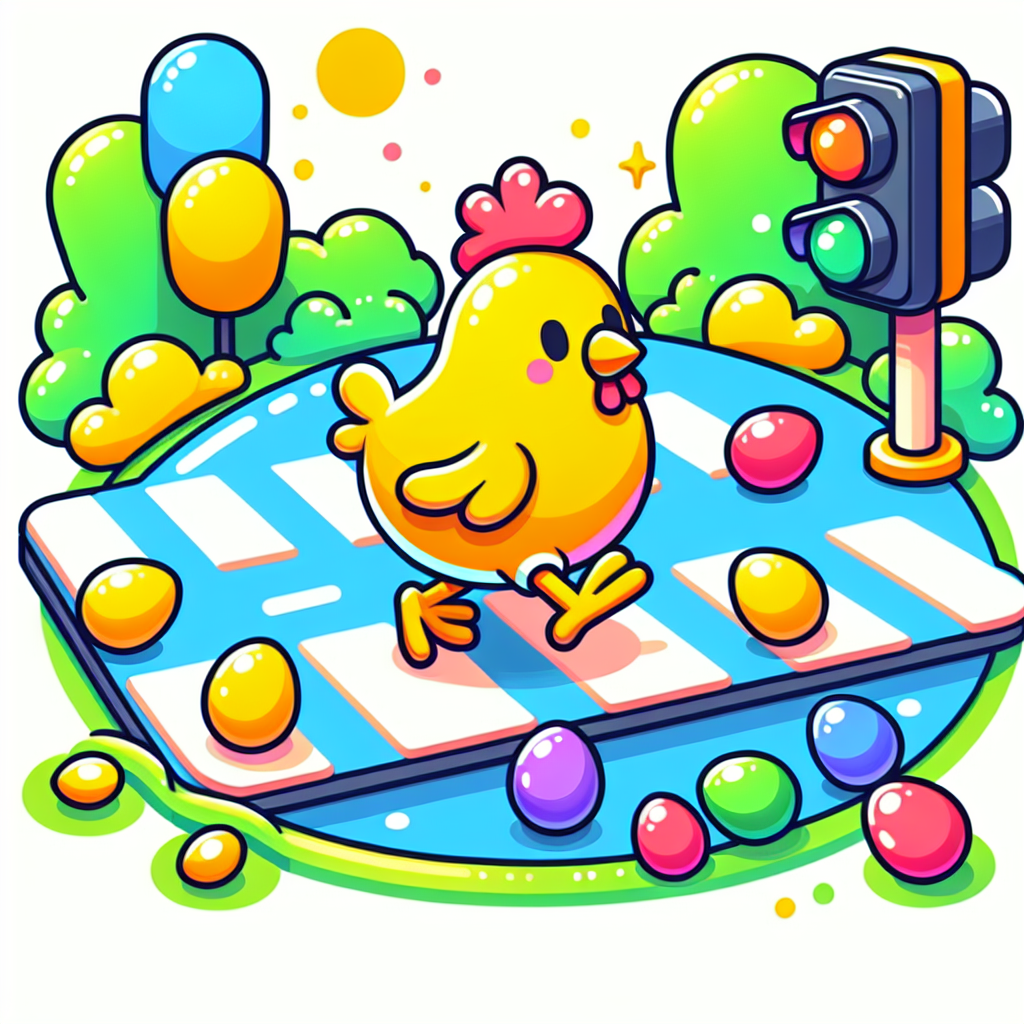 A vibrant and playful illustration of a chicken crossing a road with colorful eggs scattered around